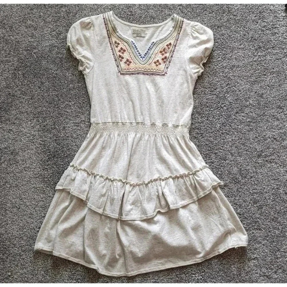 Lucky Brand Live In Love Heather Tan Beige Embroidered Smocked Dress Size Large - Picture 1 of 4